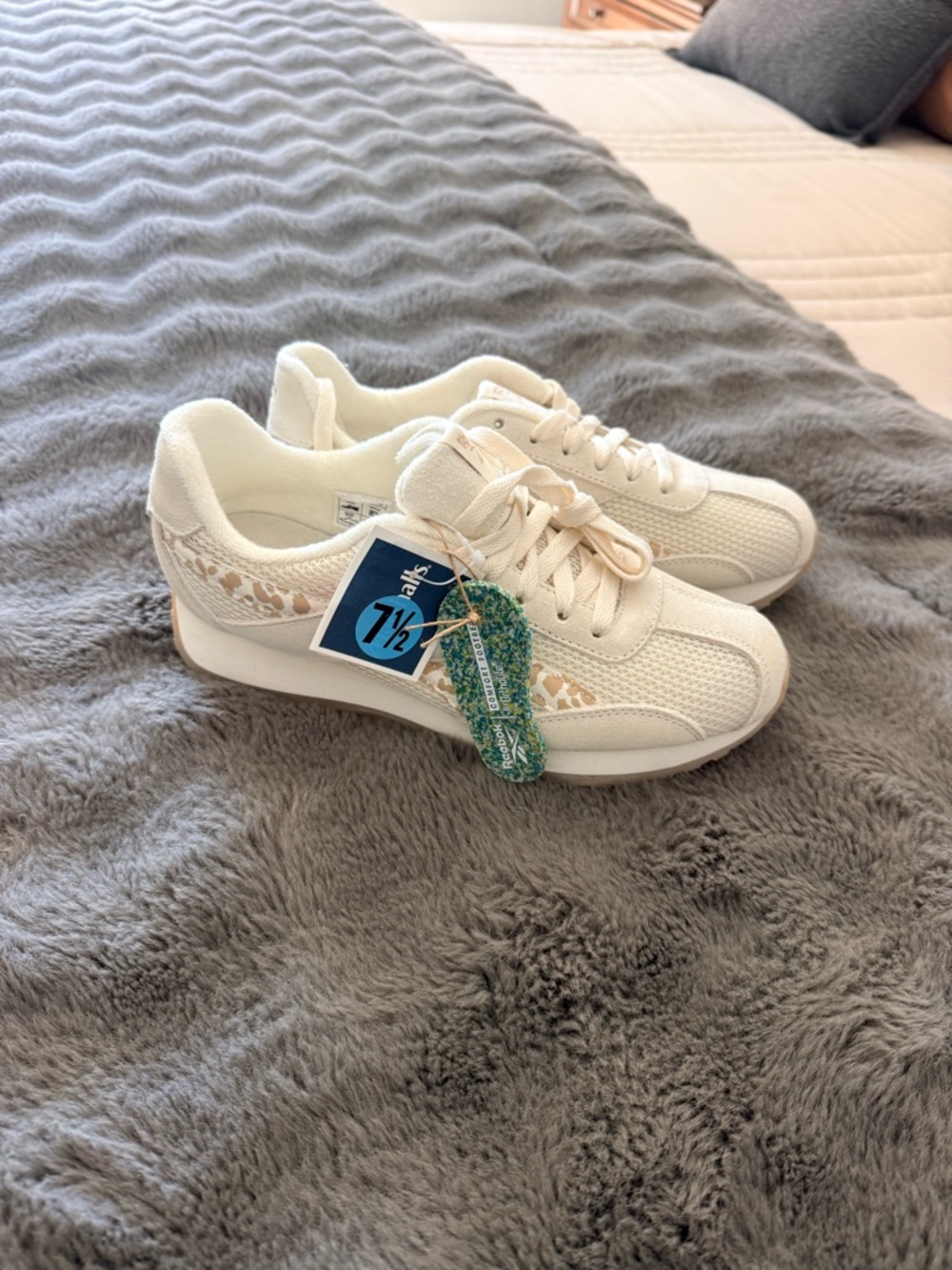 Reebok Women's Cream Knit Lace-Up Sneakers with Subtle Leopard Accent